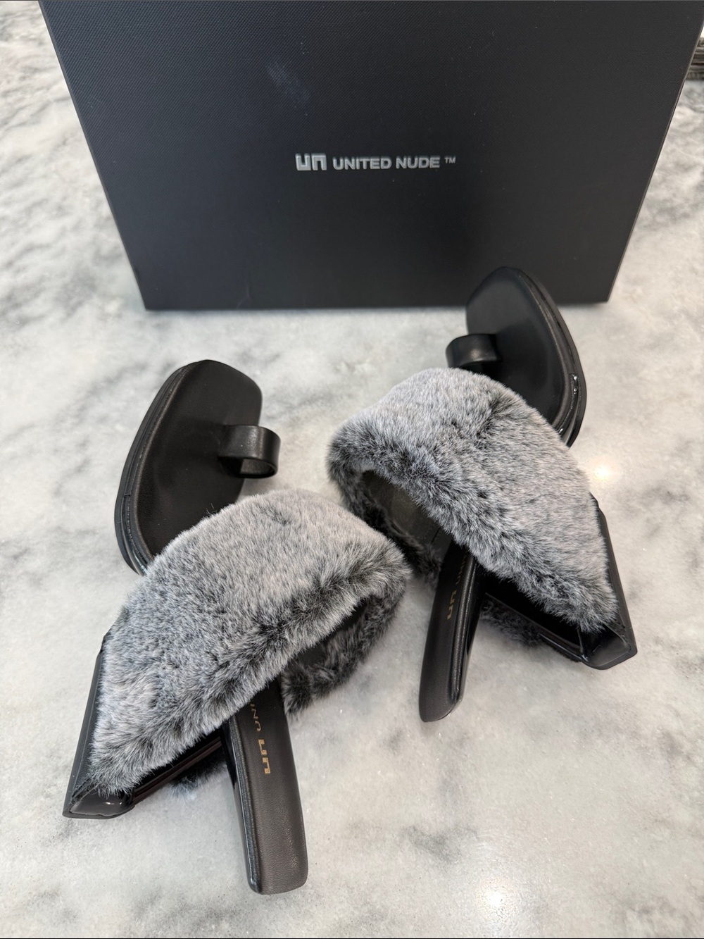 United Nude Black Sandals with Gray Faux-Fur Strap